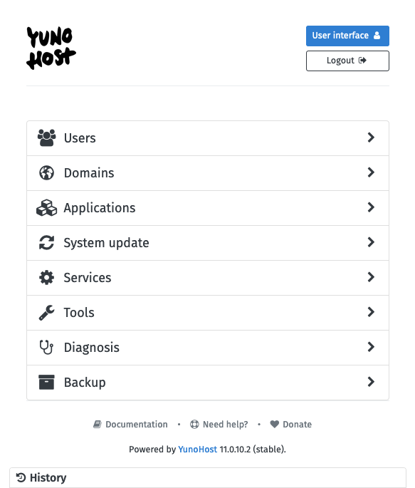 YunoHost administrator interface after login YunoHost administrator interface after login