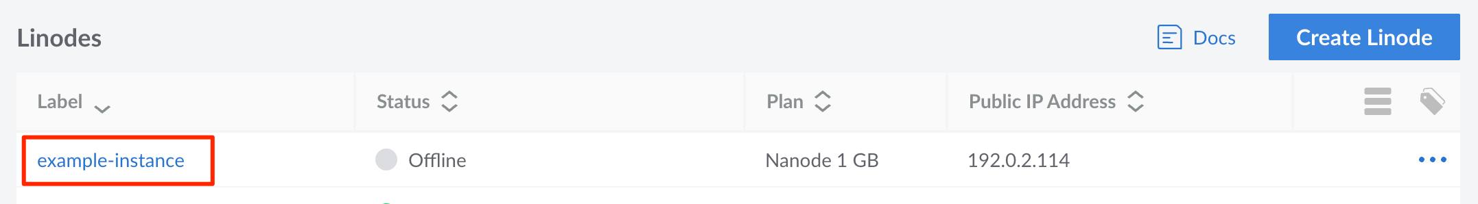 Select a Compute Instance from the list Screenshot of Cloud Manager Compute Instance page with a single instance selected