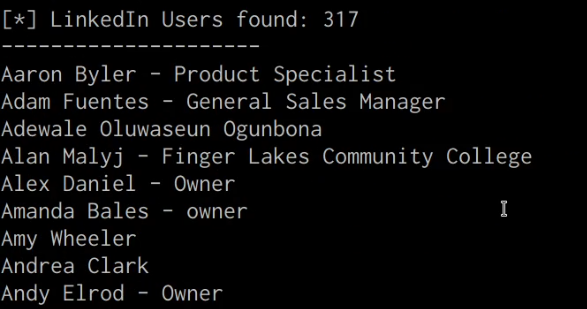 theHarvester utility output theHarvester utility output