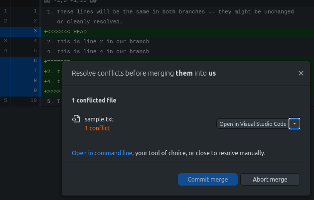 A GitHub Desktop dialog window displaying the number of merge conflicts. A GitHub Desktop dialog window displaying the number of merge conflicts.