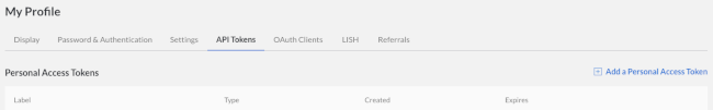 Select the API Tokens tab in My Profile Settings. Select API Tokens tab in My Profile Settings.