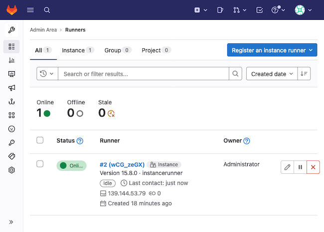 A shared runner listed in the GitLab instance administrator interface A shared runner listed in the GitLab instance administrator interface