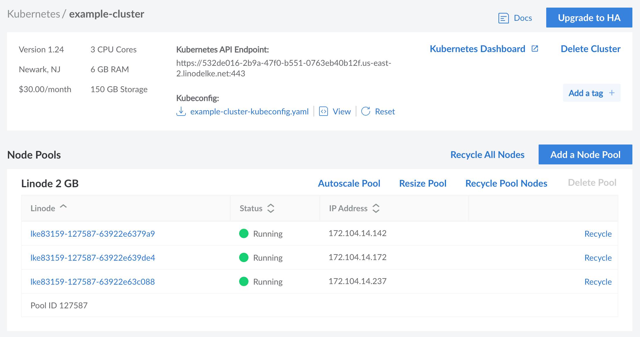 Screenshot of a Kubernetes cluster detail page in Cloud Manager Screenshot of a Kubernetes cluster detail page in Cloud Manager