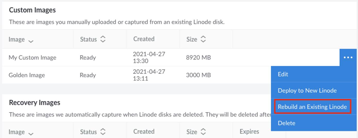 Rebuild an existing Linode with an Image Rebuild an existing Linode with an Image